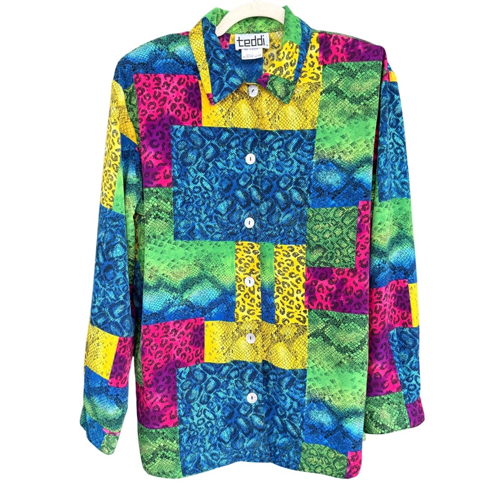 A8 VTG Teddi Womens Small Patchwork Snake Leopard Print Button Up Shirt Top‎